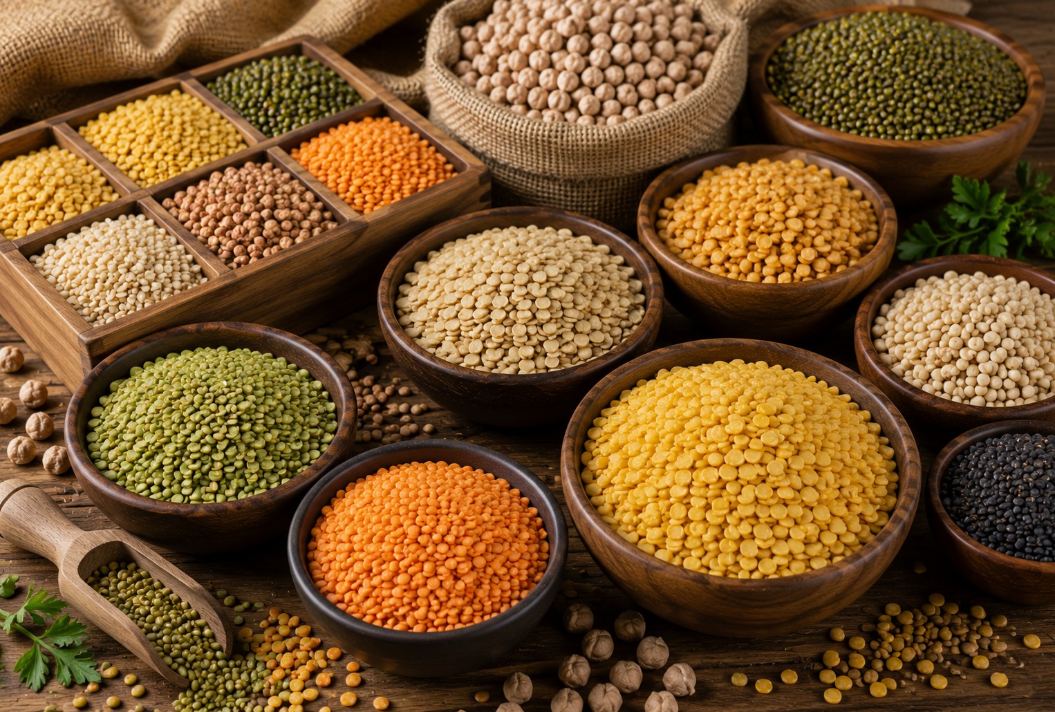 Arhar Dal and Pulses Varieties in Wooden Bowls