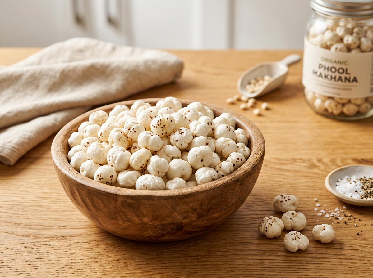 Premium Crisp White Phool Makhana Fox Nuts in Wooden Bowl