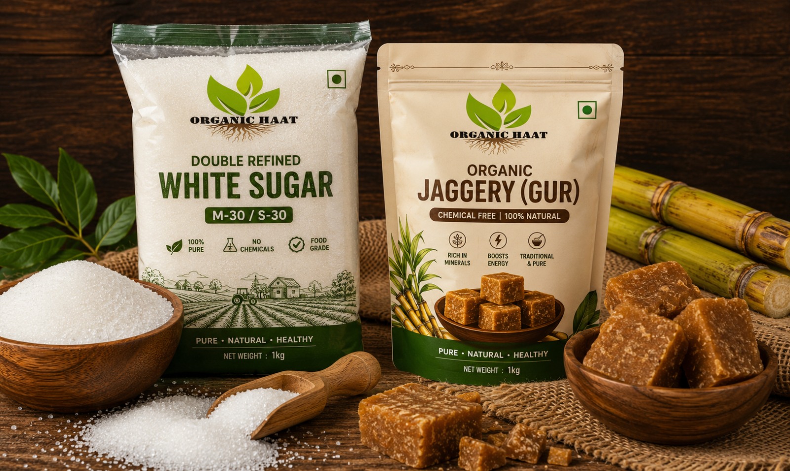 Refined Sugar and Organic Jaggery Variety Split